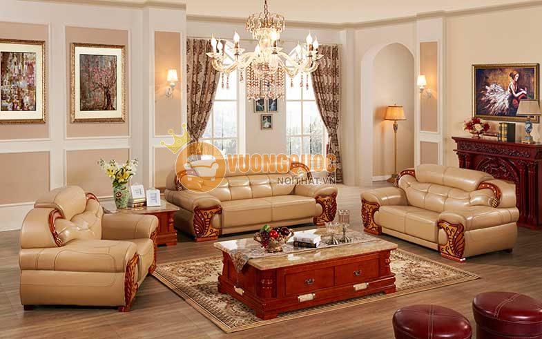 Bộ sofa tân cổ điển bằng da màu camel OLDL126